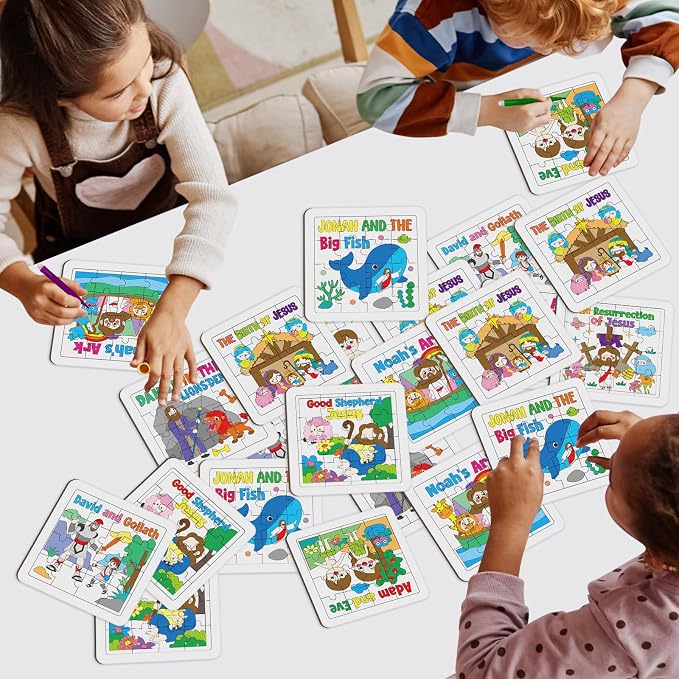 Cinrobiye 24 PCS Religious Sunday School Crafts Bible Stories Jigsaw Puzzles Bulk DIY Religious Puzzle Kits with Colored Pens Gifts for Church VBS Sunday School Art Activities Christian Party Favors
