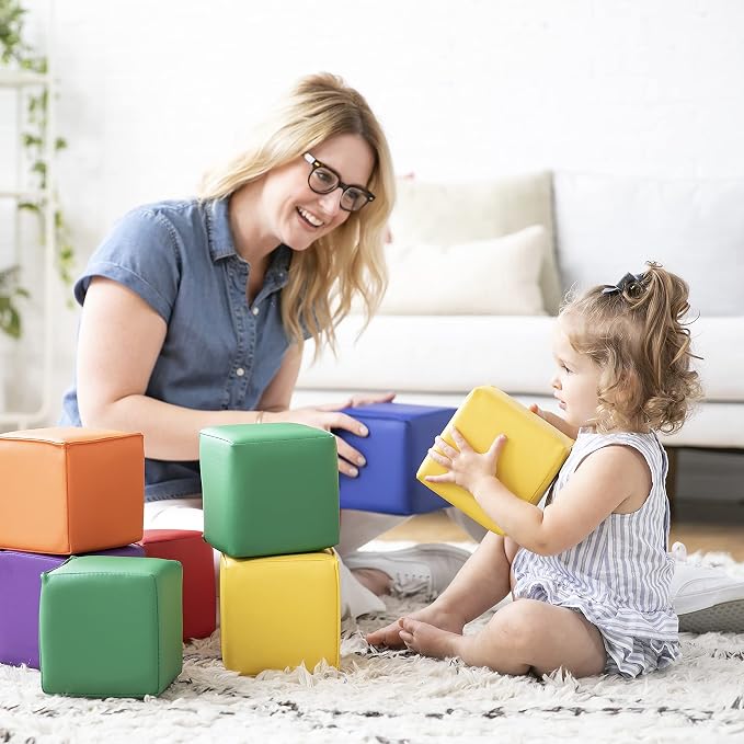 ECR4Kids SoftZone Patchwork Toddler Activity Mat and 12 Stacking Block Set, Colorful Baby Crawling and Tummy Time Foam Pad and Building Blocks, Padded Infant Floor Mat, Foldable Design