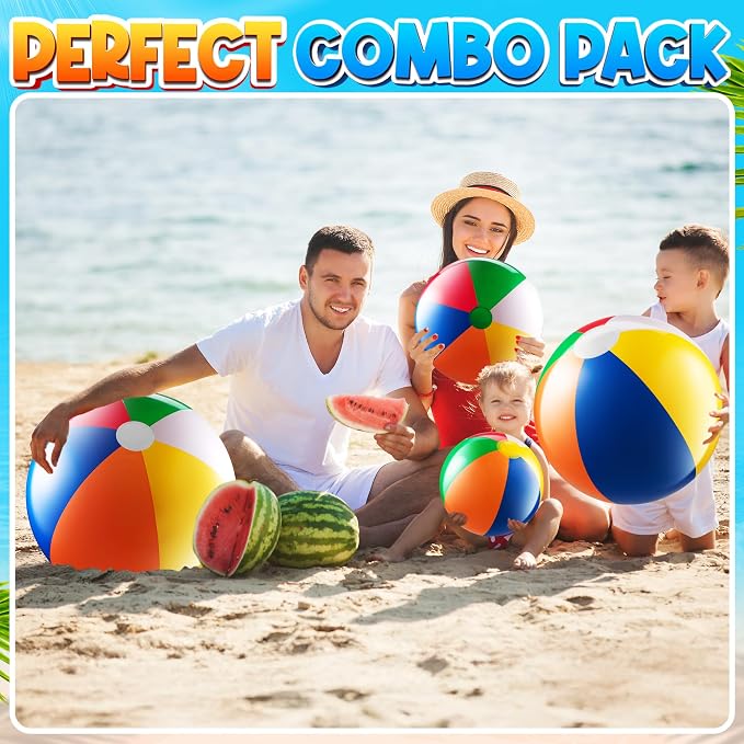 4-pcs Assorted Sizes Inflatable Beach Balls - Small & Large Rainbow Beach Balls For Kids In 6", 12", 16", 24" Sizes - Colorful Blow Up Pool Toys For Beach Games, Summer Party Decoration & Outdoor Fun
