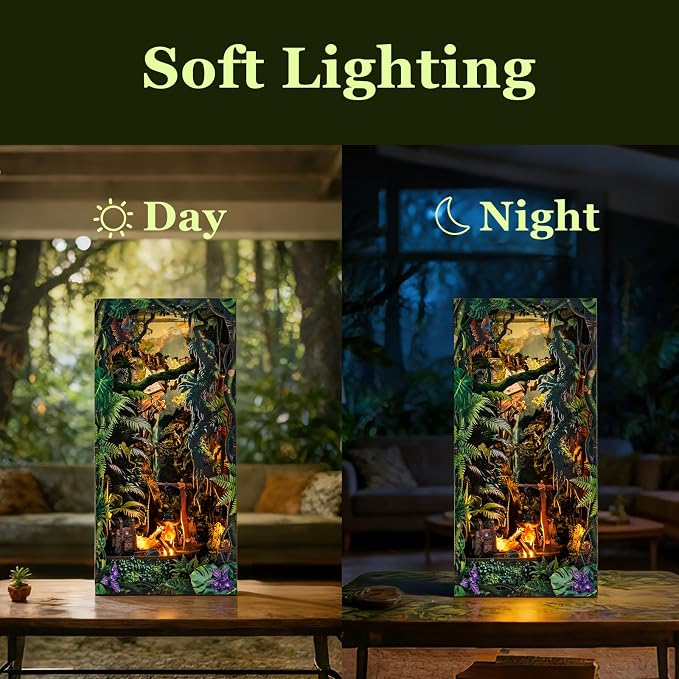 fifijoy Jungle Adventure Book Nook Kit - DIY Miniature Dollhouse Booknook for Adults, 3D Wooden Puzzle Bookend Bookshelf Decor with LED Light and Sound Effects, Creative Gift for Family, Friends