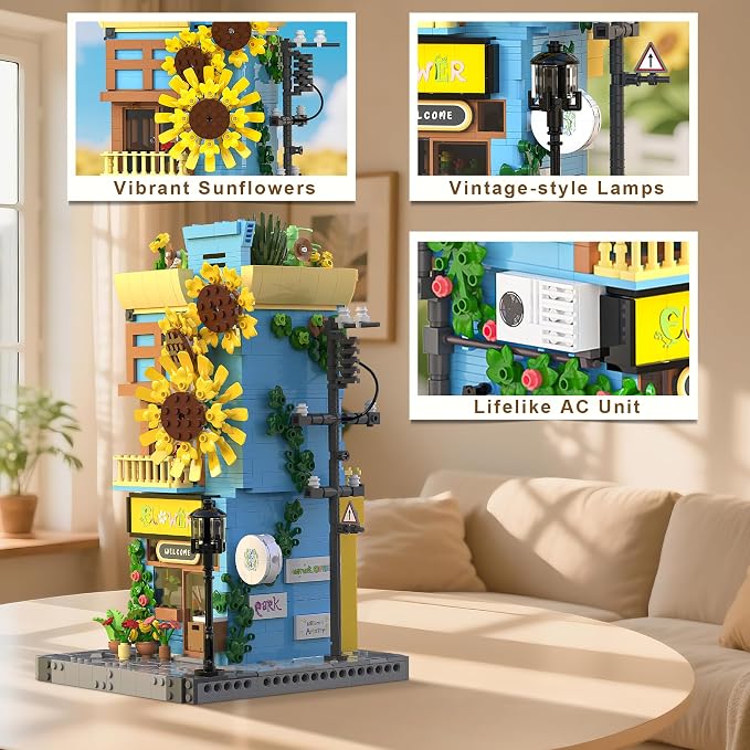 Sunflower House Building Set with LED Light, 3-Story Japanese Street View House Blocks, 1580PCS Creator Architecture Model Building Kit, Home Office Decor Gift for Adults