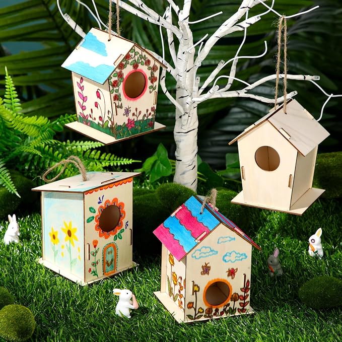 DoubleFill 24 Pcs Bulk Wooden Bird Houses Kits for Kids Mini Bird House for Craft DIY Unfinished Wood Birdhouse to Paint, Build for Children Wooden Arts Classroom Activity, 3 Styles