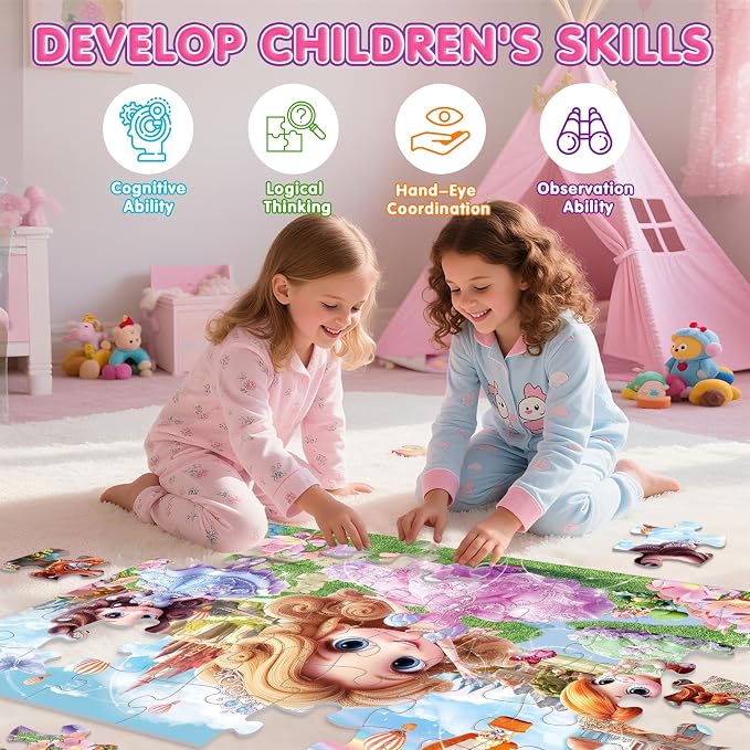 IFLOVE Princess Floor Puzzle for Kids — 48 Piece Jumbo Princess Castle Jigsaw Puzzle, Fairy Tale Puzzle with Prince Unicorn Castle, Educational Toy Birthday for Girls Boys Ages 3-8