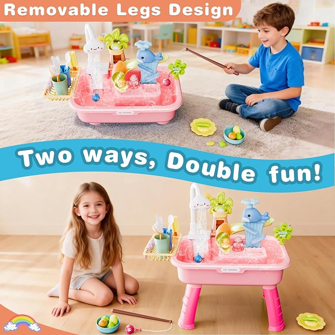2026 Upgraded Water Table for Toddlers 1-3, Kids Play Sink with Running Water, Toddler Kitchen Sink Toy with Pump, Fishing Game & Sensory Water Play Toys for Boys Girls (Pink)
