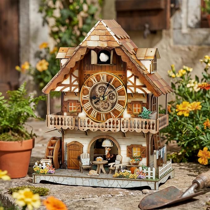 DIY Cuckoo Clock 3D Wooden Puzzle for Adults- German Pastoral Cottage Model Kit with Real Bird Call, 170PCS Miniature Dollhouse Wall Clock Home Decor, Unique Father's Day & Graduation Gifts