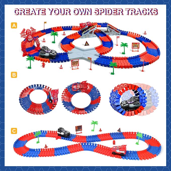 Spider Hero Monster Truck Toys for 3 4 5 6 7 8 9 Year Old Boys Girls: Race Track Set with 2 Spider Cars Electric Vehicle Kids Toys Gift for Boys Girls Age 3-9 Years Birthday Presents（212PCS）
