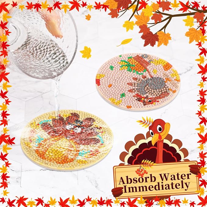 UPINS 8Pcs Fall Diamond Art Coasters with Holder Thanksgiving Diamond Turkey Art Coasters Kits for Adults Kids Beginners Diamond Craft Supplies