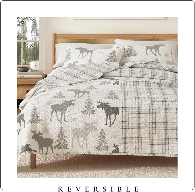 Great Bay Home Lodge Quilt Set - 3-Piece King/California King Size Rustic Bedding Set - Lightweight, All-Season, Reversible Bedspread (Moose - Grey)