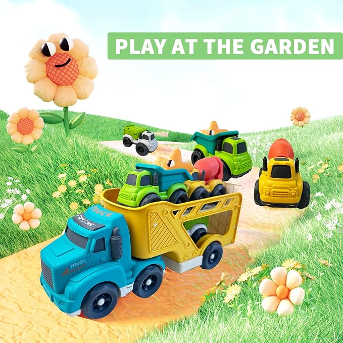 Aigitoy 4 in 1 Toddlers Truck Toys for 1 2 3 4 Year Old, Truck Toy Set Includes Dump Truck, Garbage Truck, Mixer Cement, No BPA, Phthalates, PVC, Birthday Xmas Gifts for Toddlers,Outdoor Toys for Kid