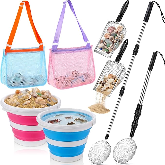 Silipull 8 Pcs Beach Toys Shell Collecting Set Sand Toys Include 2 Beach Mesh Bag 2 Sand Sifter 2 Mesh Shovel Scoop 2 Foldable Bucket Shark Tooth Sifter for Kids Vacation Essentials