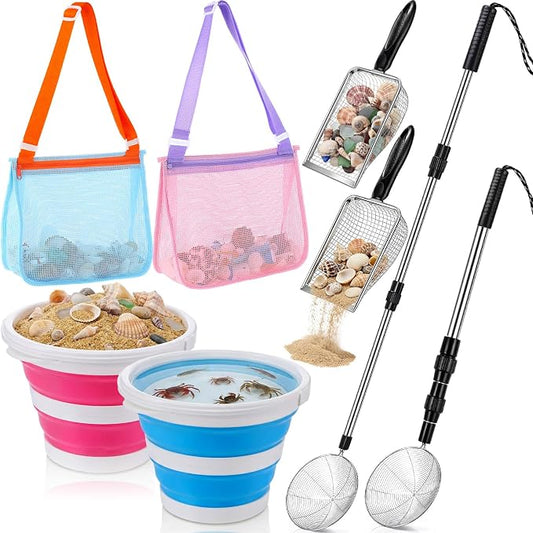 Silipull 8 Pcs Beach Toys Shell Collecting Set Sand Toys Include 2 Beach Mesh Bag 2 Sand Sifter 2 Mesh Shovel Scoop 2 Foldable Bucket Shark Tooth Sifter for Kids Vacation Essentials