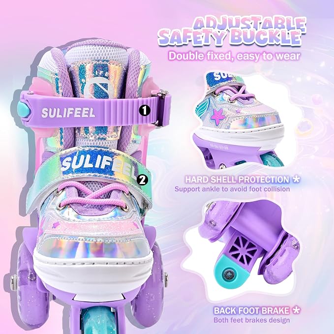 SULIFEEL Adjustable Roller Skates for Girls Boys Kids,Fun Illuminating Light Up Flash Wheels Three-Point Type Balance Suitable for Beginners Indoor Roller Skating