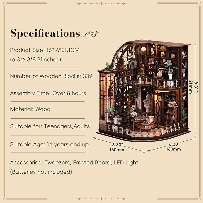 POP JOY DIY Book Nook Kit with Motion Sensor LED Light, Miniature Library Bookshelf Insert, 3D Wooden Puzzle Bookend Craft Kit Dollhouse for Adults Teens, Creative Gift for Book Lovers DIY Enthusiasts