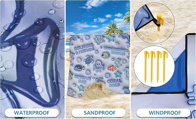 WIWIGO Beach Blanket Waterproof Sandproof Beach Mat 79" X 83"/10'x9'for 2-8 Adults Quick Drying Outdoor Picnic Mat Beach Accessories for Travel, Camping, Hiking