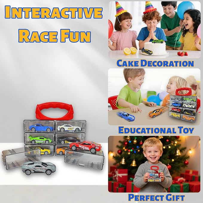 KIDAMI 8 Pack Pull Back Die Cast Metal Toy Cars, 1:64 Scale Sports Race Cars with Detachable Storage Case, Portable Vehicles Carrying Case Set with Handle for Kids Adults Gift