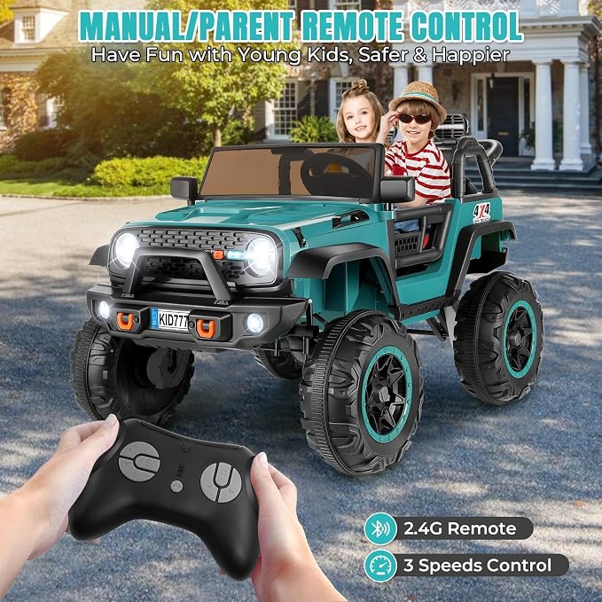 Hikole Two Seater Kids Ride on Car with Remote Control, 4WD/2WD Switchable Truck, 20" Spacious Seat, 4xSpring Suspension, Music, 4x75W 5.9MPH, 24 Volt Electric Car for Big Kids - Teal