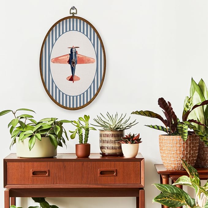 WULQYING Vintage Airplane Nursery Wall Art Decor, Kids Room Oval Framed Canvas Art Prints, Blue Striped Airplane Aircraft Wall Hanging Decor for Kids Boys Room Bedroom Playroom, 8.6x11.4 Inches