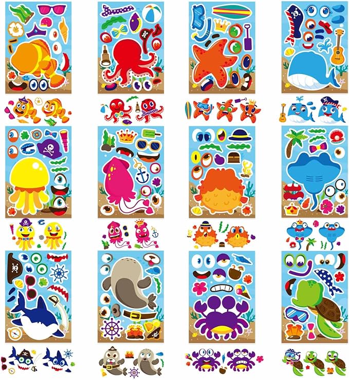24 Sheets Make Your Own Sea Animals Stickers for Kids Toddlers, Make a Face Stickers Mix and Match Stickers, Ocean Animals Stickers for Kids Party Favors Activities