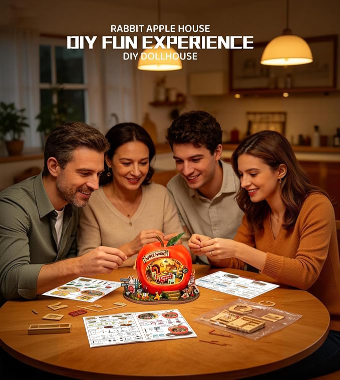 Roroom DIY Miniature House Kit, Rabbit Apple House Book Nook Kit with LED Light,3D Wooden Puzzle Miniature Dollhouse Kit for Bookshelf Decor-Creative Crafts for Family and Friends