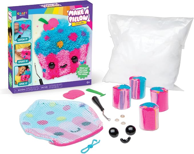 LatchKits Cupcake Pillow - Latch Hook Kits for Kids, Arts and Crafts, Yarn Art, Kids Crafts, Toys for Girls, Birthday Gift for Girls, Easy to Follow Pattern, Hook Included, Craft Kits, Ages 6+