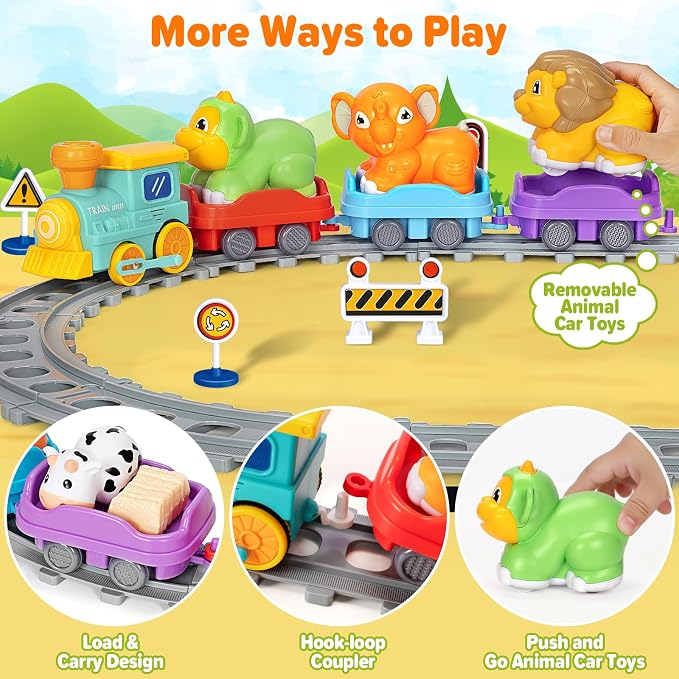 Electric Train Set for Toddlers, Realistic Steam Train Toys with Tracks for Kids 2-4, Animal Toys for Toddlers with Music & Lights, Christmas Birthday Gifts for 1 2 3 4 5 Year Old Boys Girls