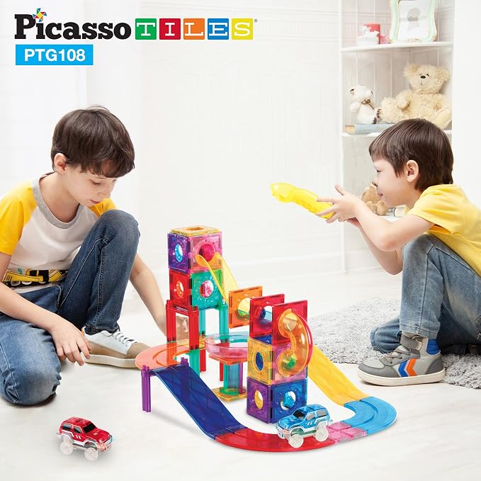 PicassoTiles 108PC Marble Run + 30PC Magnetic Race Car Track Fun & Creative Playset: STEAM Learning, Enhance Construction Skills, Hand-Eye Coordination and Fine Motor Skills, Gift for Boys and Girls