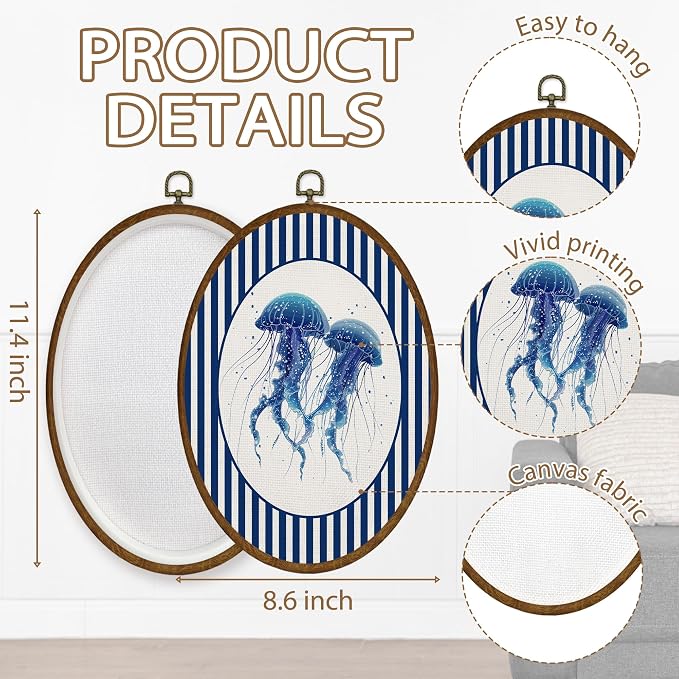 WULQYING Coastal Beach Jellyfish Wall Art Decor, Ocean Nursery Oval Framed Canvas Art Prints, Blue Striped Ocean Beach Jellyfish Wall Hanging Decor for Home Bedroom Kids Nursery Room, 8.6x11.4 Inches