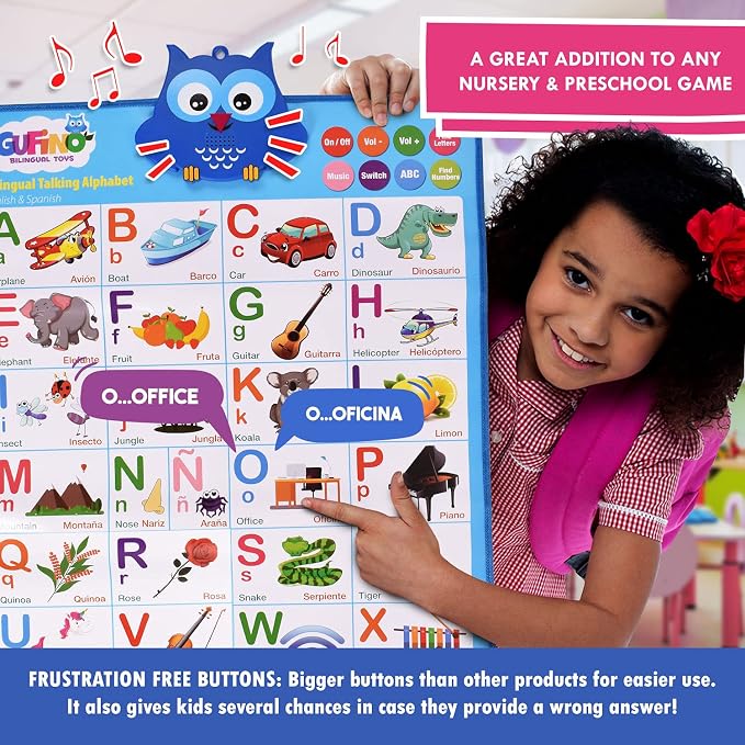 Gufino Alphabet Wall Chart - Bilingual Toys with Interactive Touch Buttons for Independent & Guided Learning - Ideal for Preschool Learning Activities & Spanish Classroom Supplies.