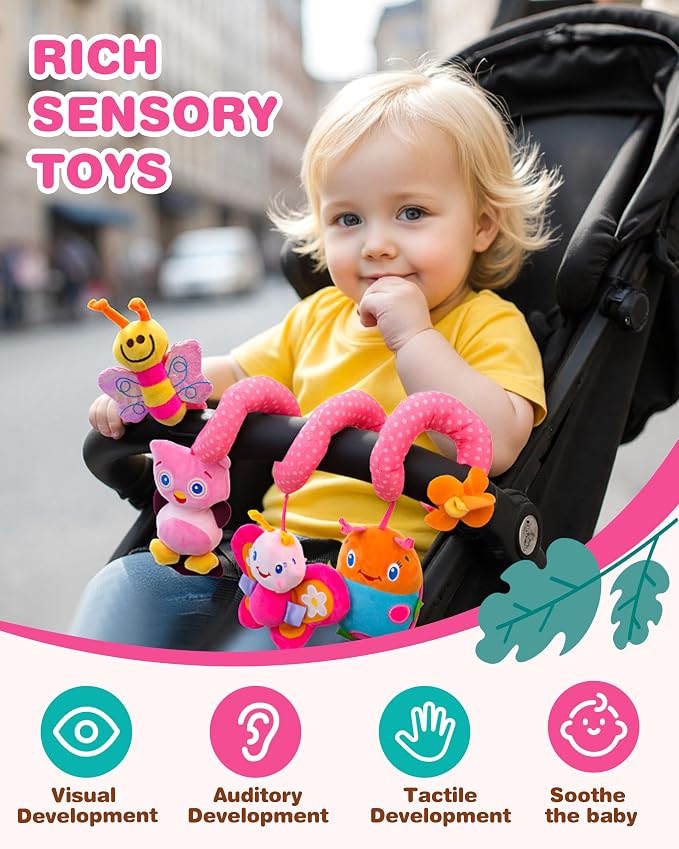 Jollybaby Crib Stroller Car Seat Toys for Baby 0-3-6-9-12 Months, Tummy Time Hanging Sensory Toys for Newborn with Music Box and Teether, Spiral Carseat Toy for Infant Boys Girls Gifts (13-Pink)