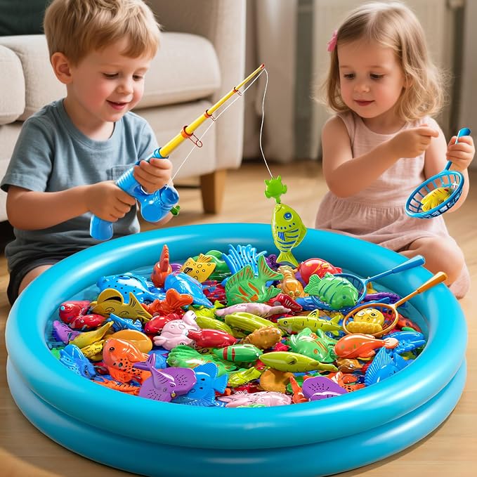 Magnetic Fishing Game Toys for Kids Toddlers 3-5 4-8, Water Table Bathtub Toys with Inflatable Pool Pole Rod Net Floating Fish, Water Bath Pool Outdoor Toys for Boys Girls Age 3 4 5 6 7 8 Year Old