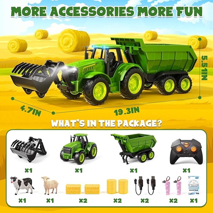 Funwee RC Farm Tractor Toy w/Light & Music, Kids Truck Toy w/Front Loader & Farm Animal, 2.4GHz RC Tractor Trailer for Boys & Girls, Toddler Vehicle Car Playset Age 3-8+ Year Old Gifts (Bright Green)