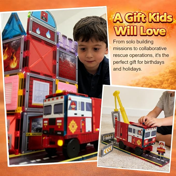 LATI Fire Rescue Magnetic Tiles for Kids,Double-Sided Fire & Rescue Blocks with Fire Truck, Station, Roads & Crane, STEM Magnetic Building Blocks for Boys & Girls Ages 3-8