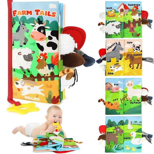 BBWOO Soft Baby Book Toy - Newborn Boy Girl Shower Gift - Tummy Time Toy for Infant 0-6 6-12 Months - Touch and Feel Sensory Crinkle Book with Teether - Baby Boy Girl Gift