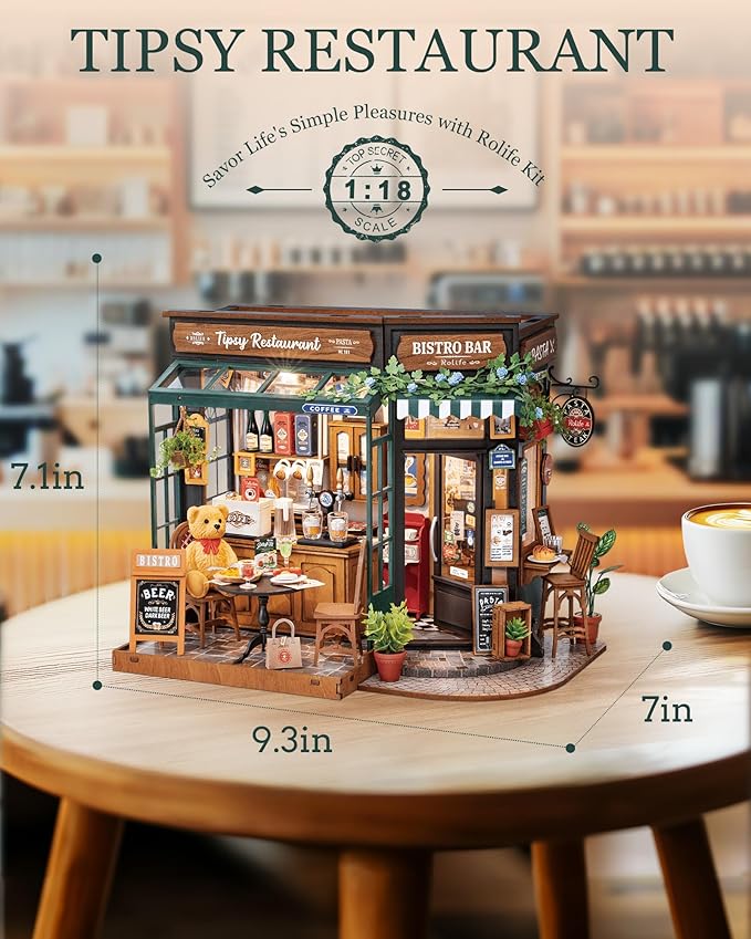 Rolife DIY Miniature House Kit for Adults, Tipsy Restaurant Mini Wooden Dollhouse Kit, 1:18 Tiny House Diorama Building Kits Birthday Craft Home Decor Hobbies Gift for Family Friends