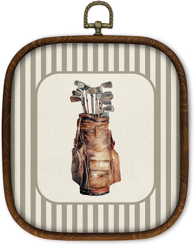 WULQYING Golf Bag Sports Nursery Wall Art Decor, Boys Room Square Framed Canvas Art Prints, Neutral Striped Sport Lover Gift Wall Hanging Decor for Kids Nursery Room Playroom, 5.7x6.5 Inches