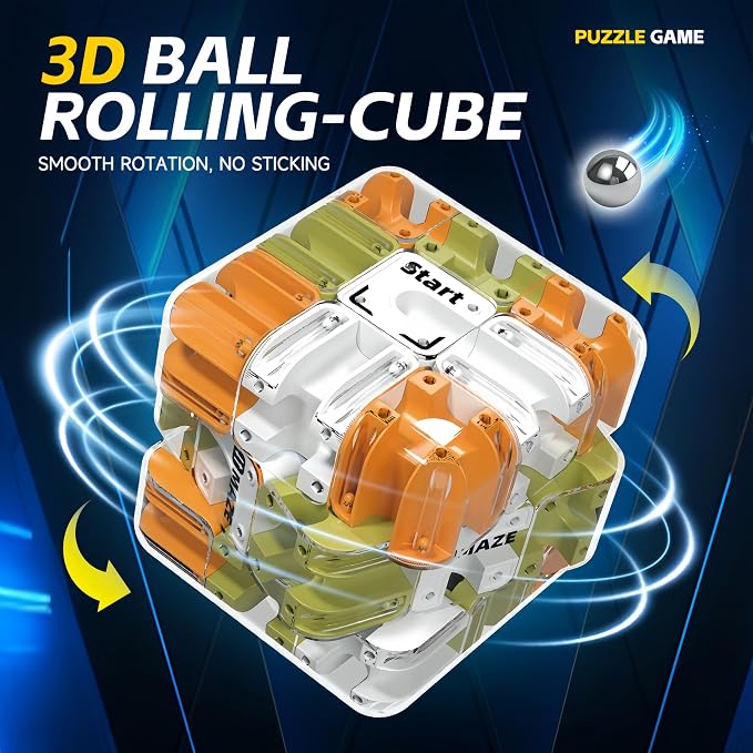 3D Maze Cube Puzzle, 2-in-1 Twist & Roll Brain Teaser Toy for Kids Adults 5-10, Large Labyrinth Logic Game for Sensory Play, Educational STEM Gift (Yellow)