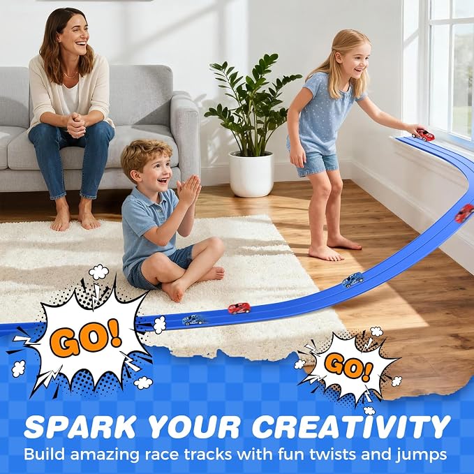 TAEMVV 15 Ft Dual Flexible Race Track for Kids, DIY Ramps Car Track Set Compatible with Hot Wheels 1/64 Diecast Cars, Reinforced Suction Cup for Boys Girls 3+, Solid Blue
