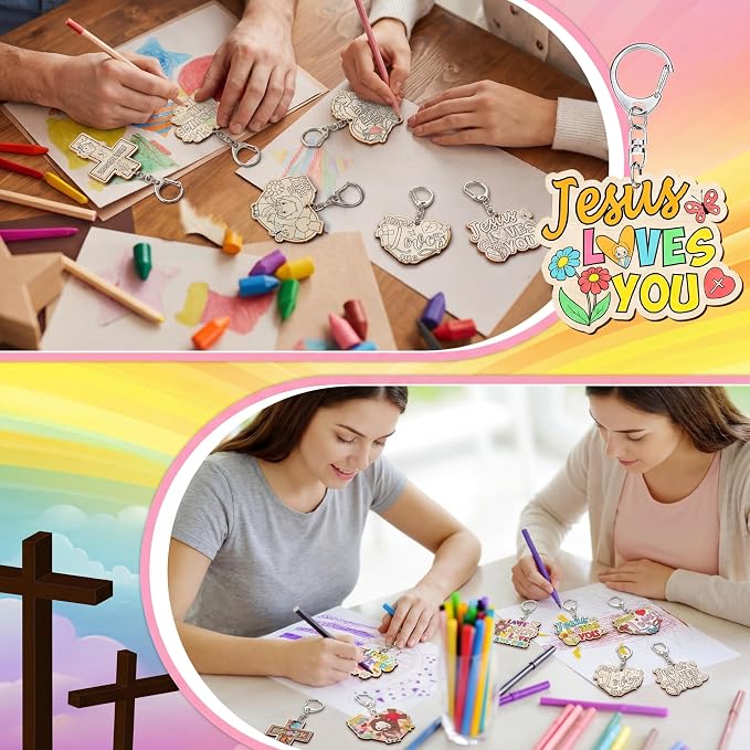 Trnayi 36 Pcs Christian Unfinished Crafts Color Your Own Jesus Loves Me Religious Keychains Wood DIY Coloring Crafts Gifts for Religious Painting DIY Arts Project Decoration