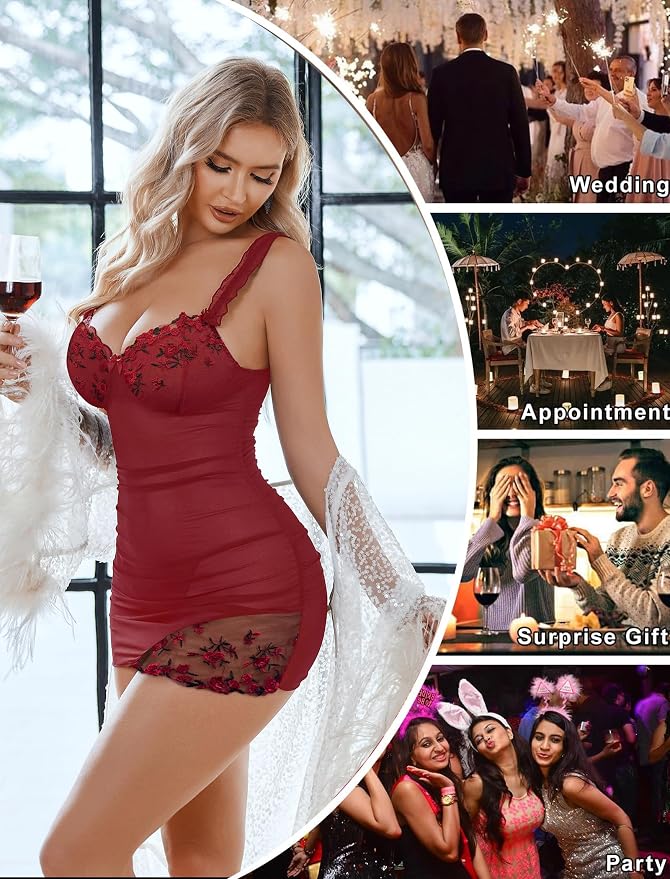 Avidlove Lingerie for Women Mesh Babydoll Lingeries Lace Chemise Floral Sleepwear Dress Sheer Exotic Boudoir Outfit S-XXL