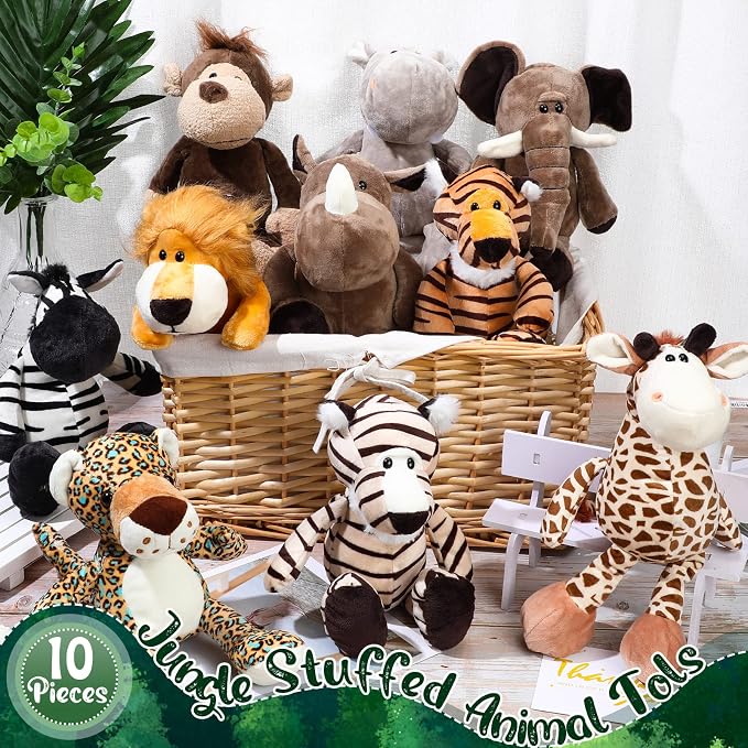 HyDren 10 Pieces 9 Inches Safari Stuffed Animals Set and Elephant Giraffe Lion Tiger Monkey Rhinoceros Zebra Leopard Hippo for Shower Jungle Animal(Classic)
