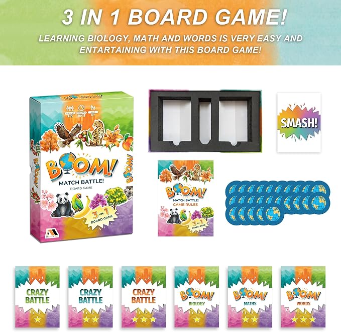 Boom Match Battle Board Game Ages 6+ 3-in-1 Board Games for Kids - Math Board Game, Classic Word Games - Family Fun for Kids & Adults - Card Games - Learning Activities - 3 in 1 Board Games for Kids