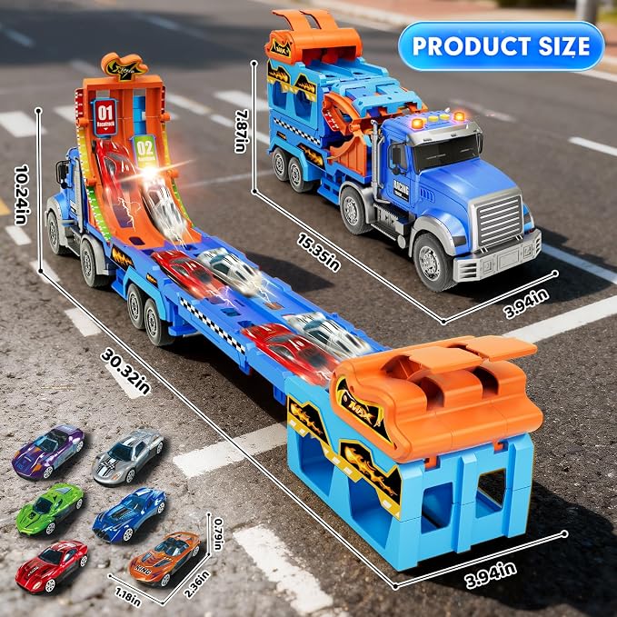 Truck Car Toys for 3, 4, 5, 6, 7, 8 Years Old Kids, Carrier Truck Race Track Toys, Foldable Transport Car Toys with Foldable Race Tracks and 6 Metal Cars, Birthday Gifts for Toddler Boys Girls (Blue)