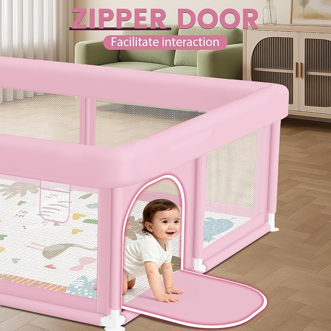 Hiaksedt Large Baby Playpen with Mat 50"x50" Baby Girl Play Pen for Babies and Toddlers, Safe Structure and Soft, Skin-Friendly Fabric with Zipper Gates Pink