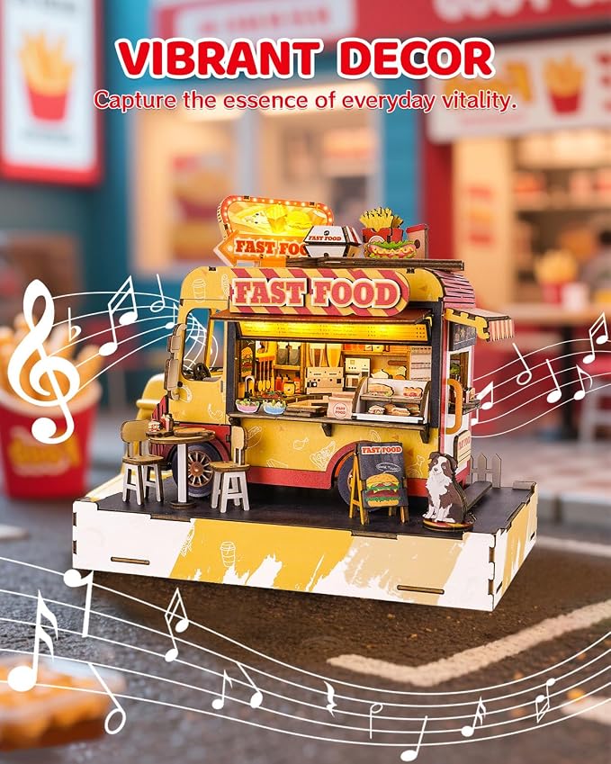DIY Miniature House Kit Food Cart, DIY Miniature Dollhouse Kit with LED Music Light for Room Bookshelf Decor, Tiny House Crafts for Adults, Birthday for Men Women Teens