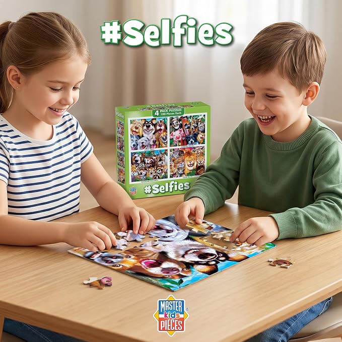 MasterPieces – Jigsaw Puzzle Set for Kids 6+ Years, 4-Pack of 100 Pieces, Educational and Fun Game, Silly Animals Collection, Gift Idea for Children, 8" x 10"