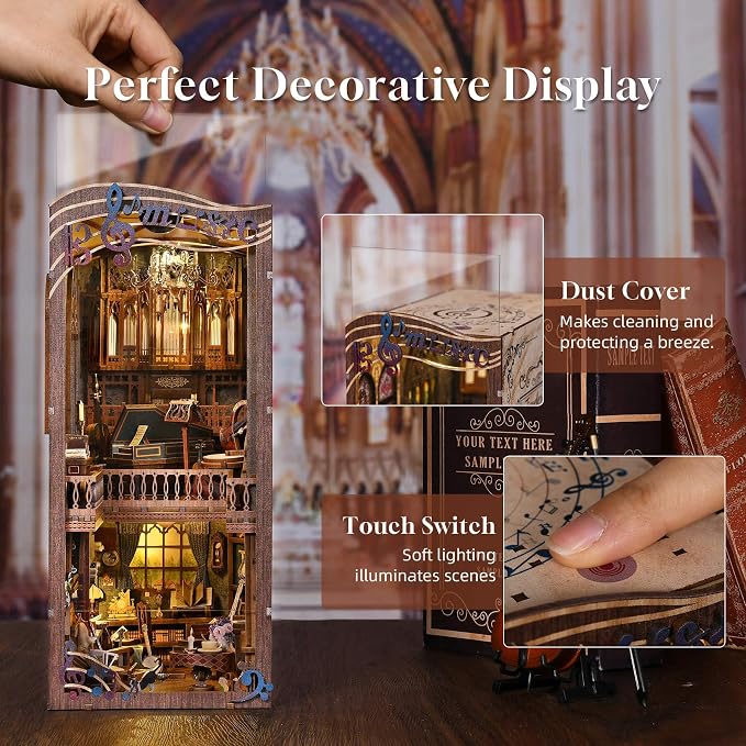 fifijoy Book Nooks, DIY Miniature Book Nook Kit Music, 3D Wooden Puzzle Bookends for Bookshelf Insert Decor with Led Light for Teens and Adults (Timeless Melody)