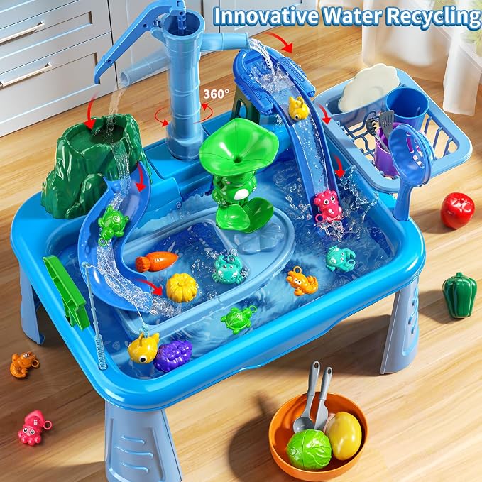 Water Table Play Sink Toy for Kids 2 3 4 5 6 Years Old - Outdoor Kitchen with Running Water, Fishing Games, Toddler Water Play Table for Kids Ages 3-8, Beach Outdoor Toys, Birthday Gifts 2+ 3-5 (Blue)