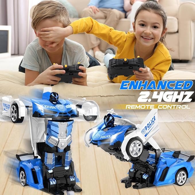 Dolanus Remote Control Police Car - RC Car Transform Robot, Flashing Light, 2.4Ghz, 360 Degree Rotating, Toys for Ages 5-7, Kids Toys, Birthday Gifts for 3 4 5 6 7 8 10 12 Years Old Boy (Blue)