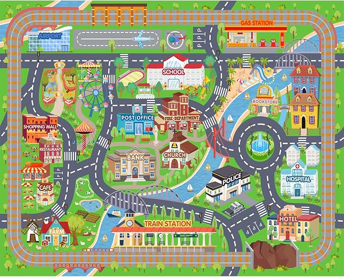 Car Rug Play Mat for Kids Toy Cars, Road Traffic Playmat for Kid Bedroom, Non-Slip Machine Washable Town City Race Track Carpet for Learn and Have Fun 3'x4'/ 36"x48"