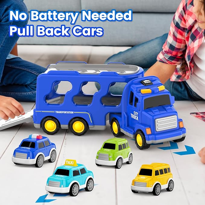 FunMission Toddlers City Truck Toys for Kids 3-9 Year Old，5 in 1 Friction Power Vehicle Car for 3 4 5 6 7 Years Old Boys Girls，Carrier Truck Transport Toys for Christmas and Birthday Gifts